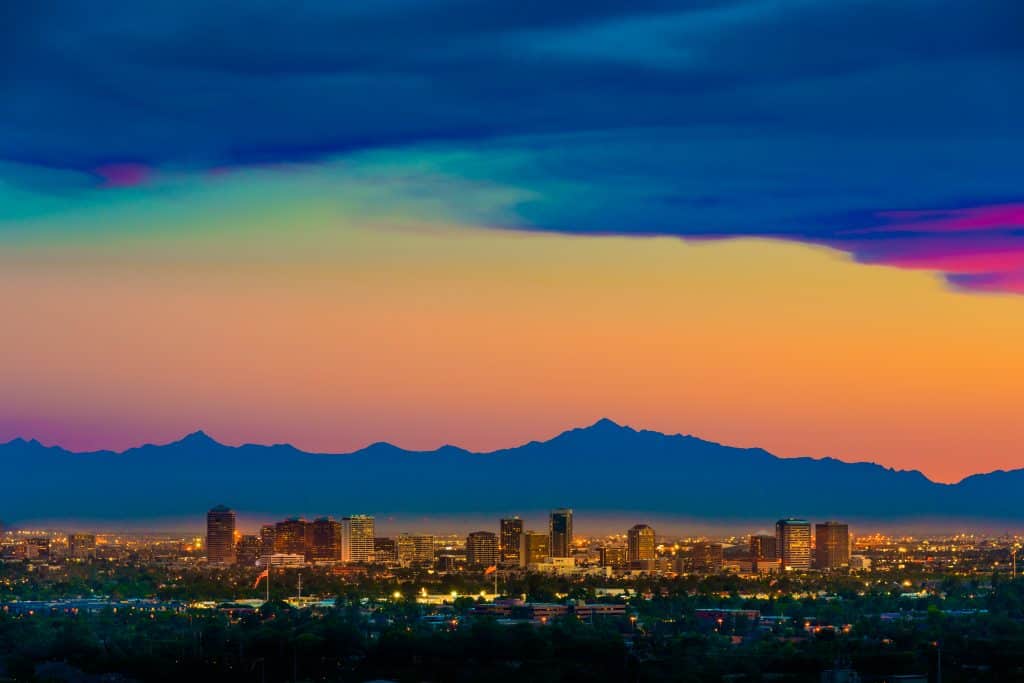 Phoenix Arizona skyline panorama cityscape sunset, aerial from Scottsdale